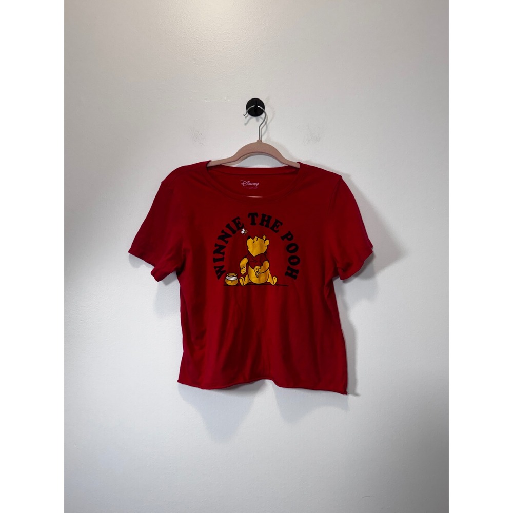 Disney Winnie the Pooh Graphic Tee Red Short Sleeve Raw Hem Crop Top Large